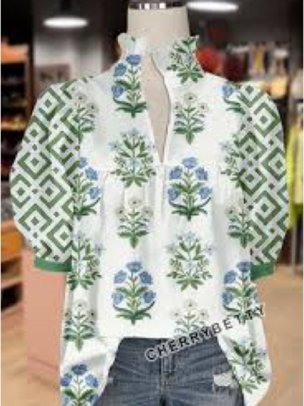CherryBetty Floral Print V-Neck Geo Puff Sleeve Top